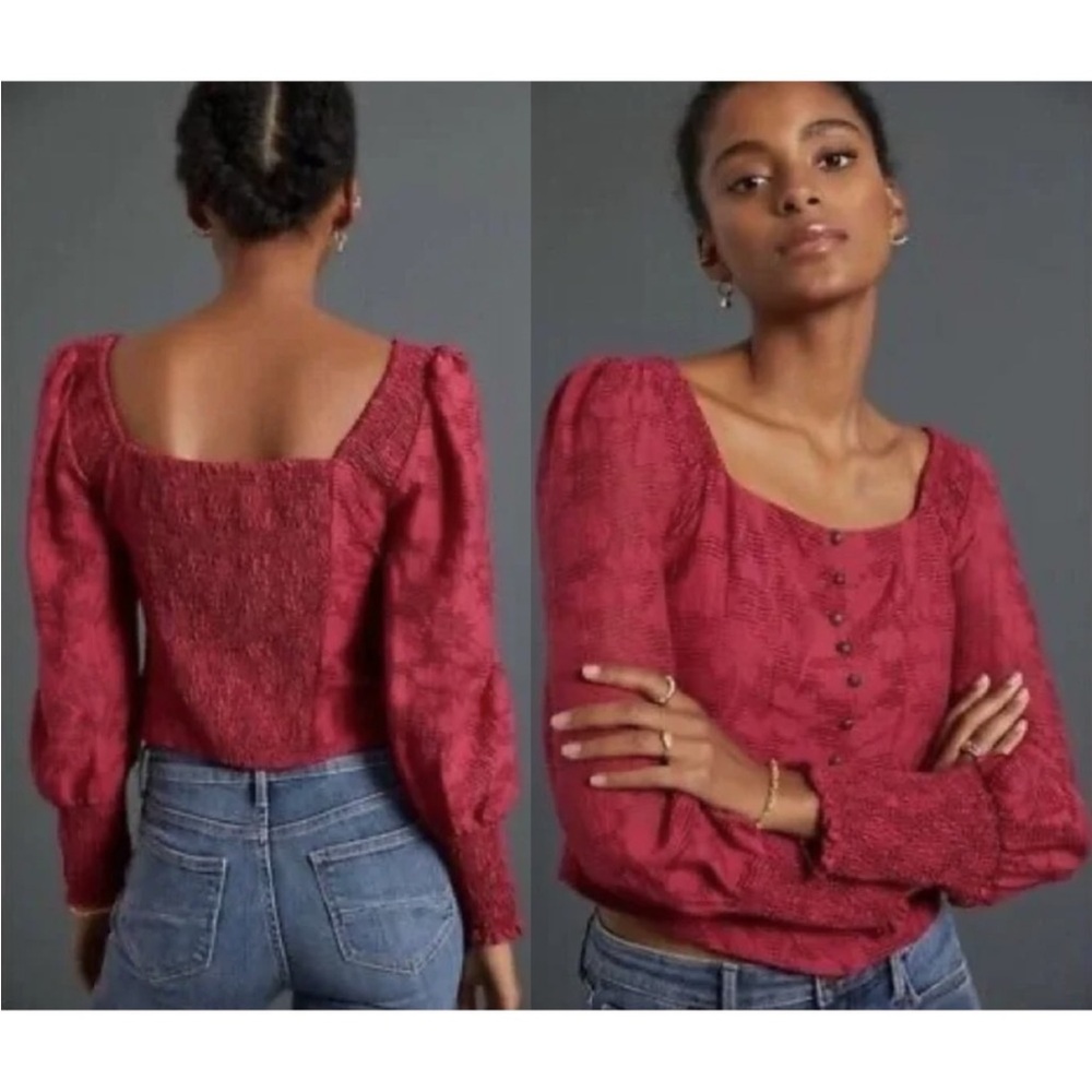 Anthropologie Pink Floral Ruffle Blouse Smocked Puff Sleeve Sz XS Cottagecore